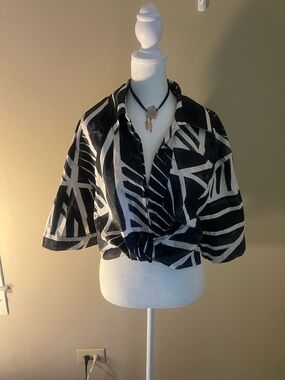 Boho Zara Black and White Geometric Knot-Front Button Down